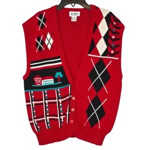 Vtg HandKnit Barn Scene Sweater Vest Pastoral Grandpa Core Rural Americana Large